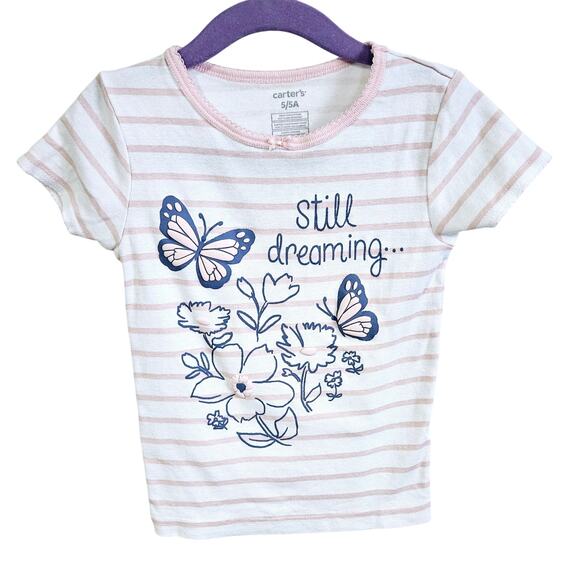 Carter's Girls 5A Short Sleeve Butterfly Graphic Tee Still Dreaming Pink Stripe - Picture 1 of 4
